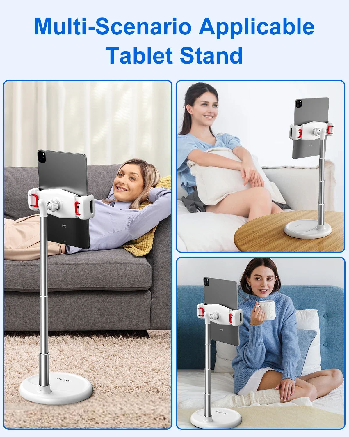 Eary Height Adjustable Floor Tablet Stand Phone Holder With Stable Metal Base 360°Rotatable Clip Stand for iPad for 4-12.9"inch