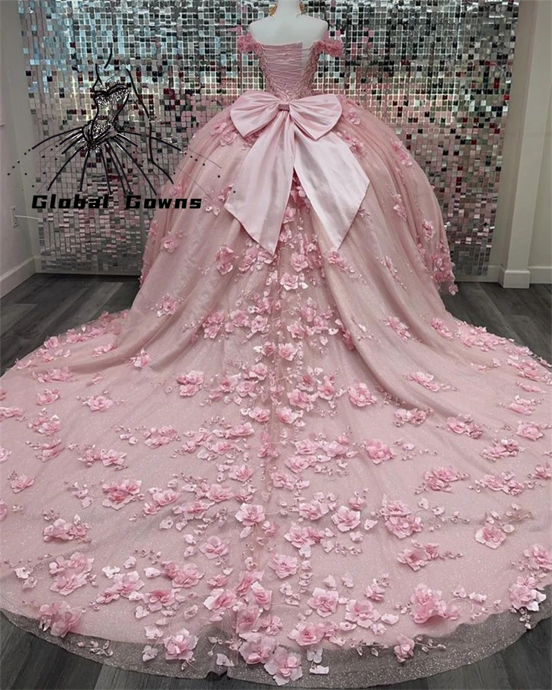 Princesa rosa fora do ombro vestido de baile quinceanera vestido para meninas grânulo 3d flores vestidos festa aniversário arco personalizado