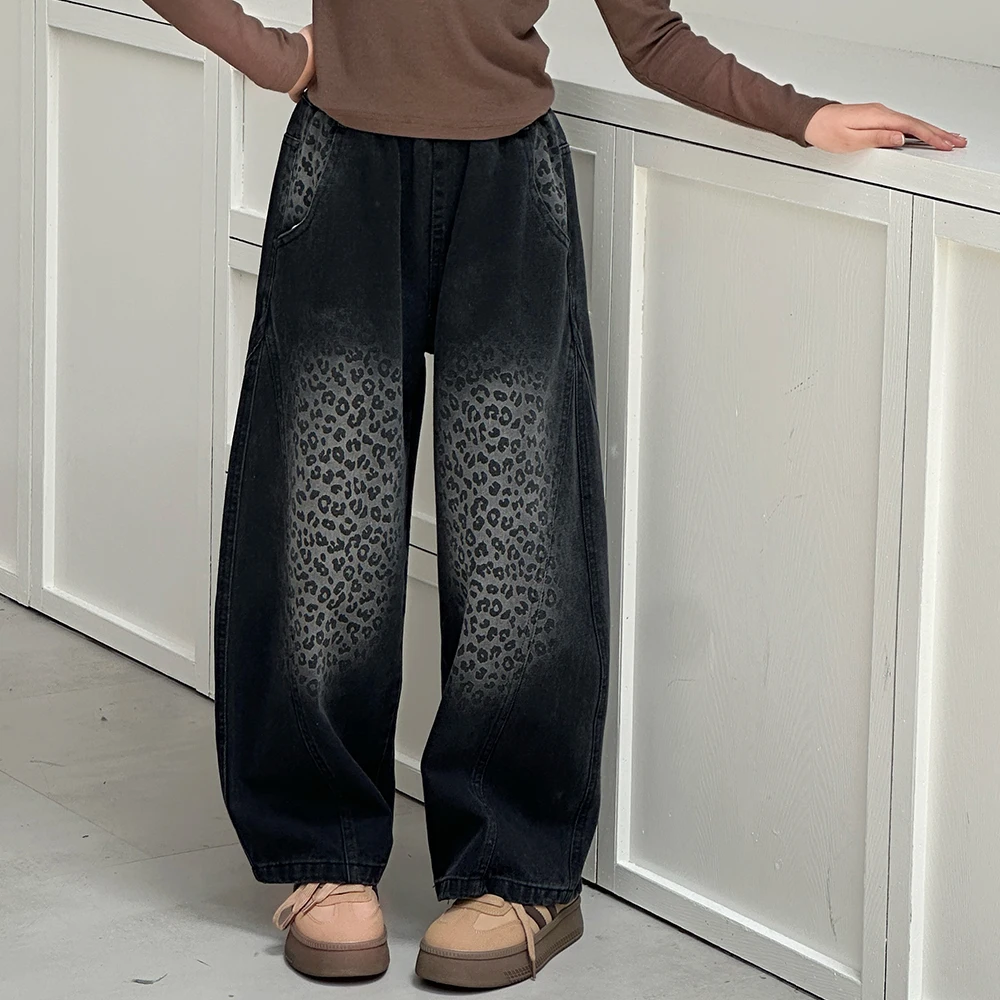 

Girls Jeans with Leopard Printed Kid Spring Autumn Gradient Trousers TeenS Children's Retro Straight Leg Loose Denim Pants 4-14Y