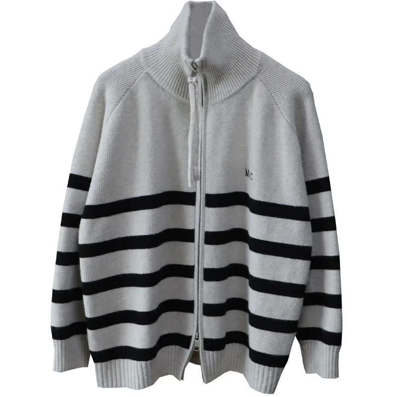 Cárdigan abierto de punto con doble cremallera a rayas coreanas para mujer, suéter versátil holgado y adelgazante para invierno, Jaet Lazy Sle