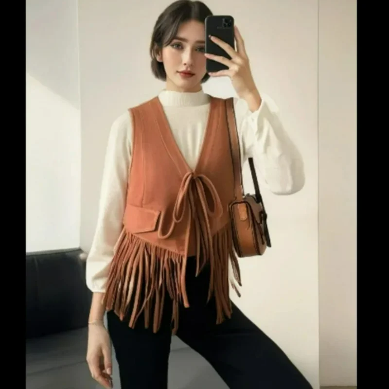 سترات نسائية من الجلد الطبيعي سترة معطف عتيق لربيع وخريف رعاة البقر الغربية من جلد الغنم المدبوغ شرابة ملابس بني داكن برباط علوي