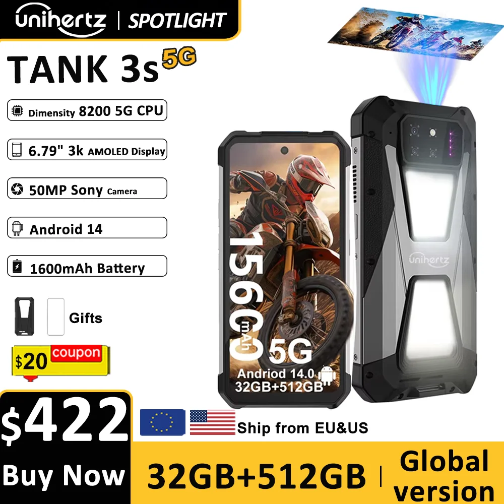 Unihertz tank 3s 8849 powered phone with projector 24/32GB 256/512GB Dimension 8200 cellphone 15600mAh 66W smartphones