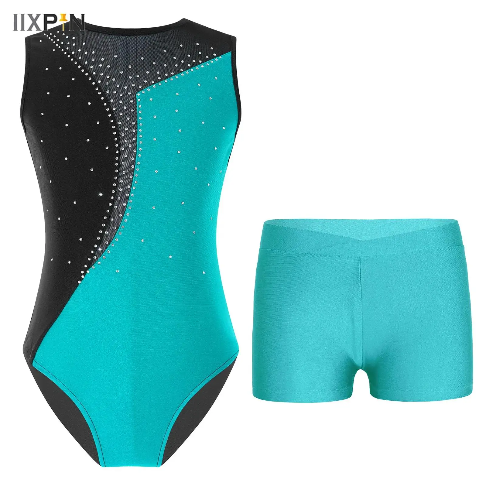 

Kids Girls Ballet Dance Sets Shiny Rhinestones Contrast Color Sleeveless Leotard+Shorts for Gymnastics Workout Performance