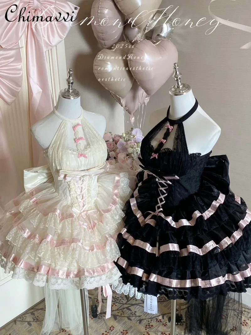 Original Ballet Style Sweet Girl Satin Ribbon Halter Dress Sexy Women Sleeveless High Waist Elegant Party Lolita Princess Dress