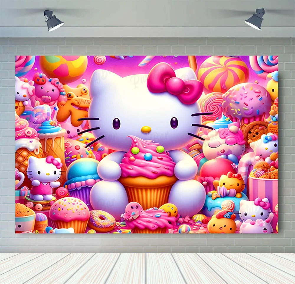 Cute Pink Hello Kitty Photography Backdrop Girl Birthday Baby Shower Background Polyester Vinyl Photo Booth Props