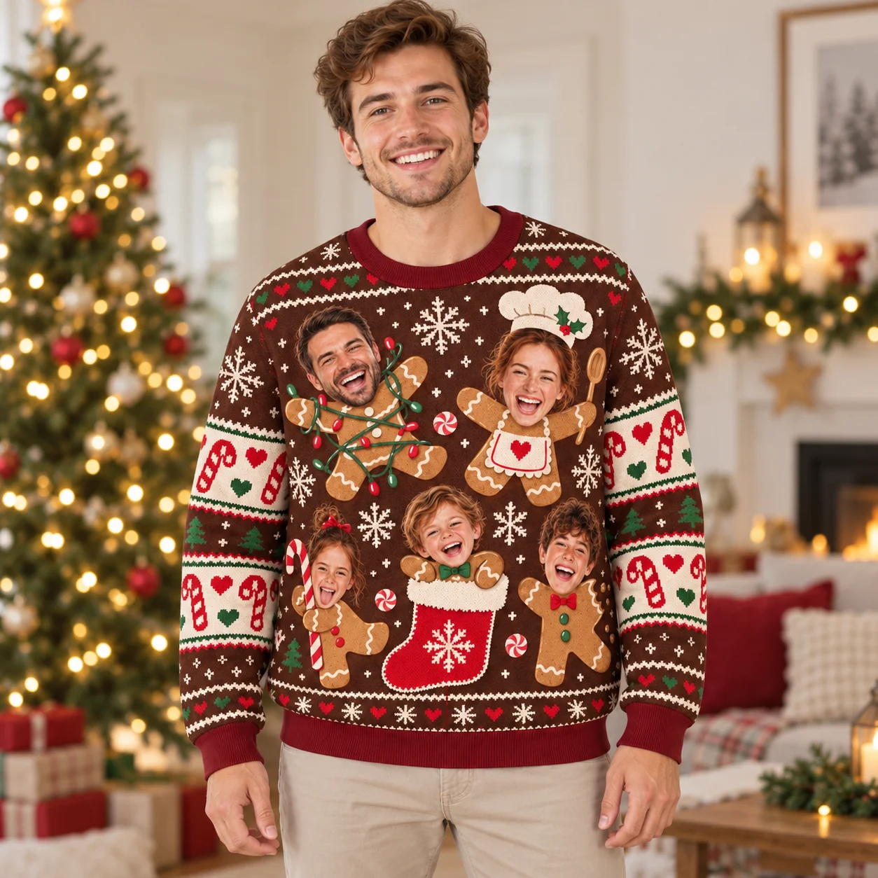Personal Photo Crewneck Sweaters with Christmas Patterns Ugly Christmas Sweater Custom Face Print for Xmas Party Outfits