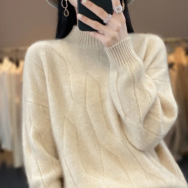 100% pure wool half high neck cashmere sweater women\'s loose heavy fried dough twist autumn and winter pullover sweater bottomin