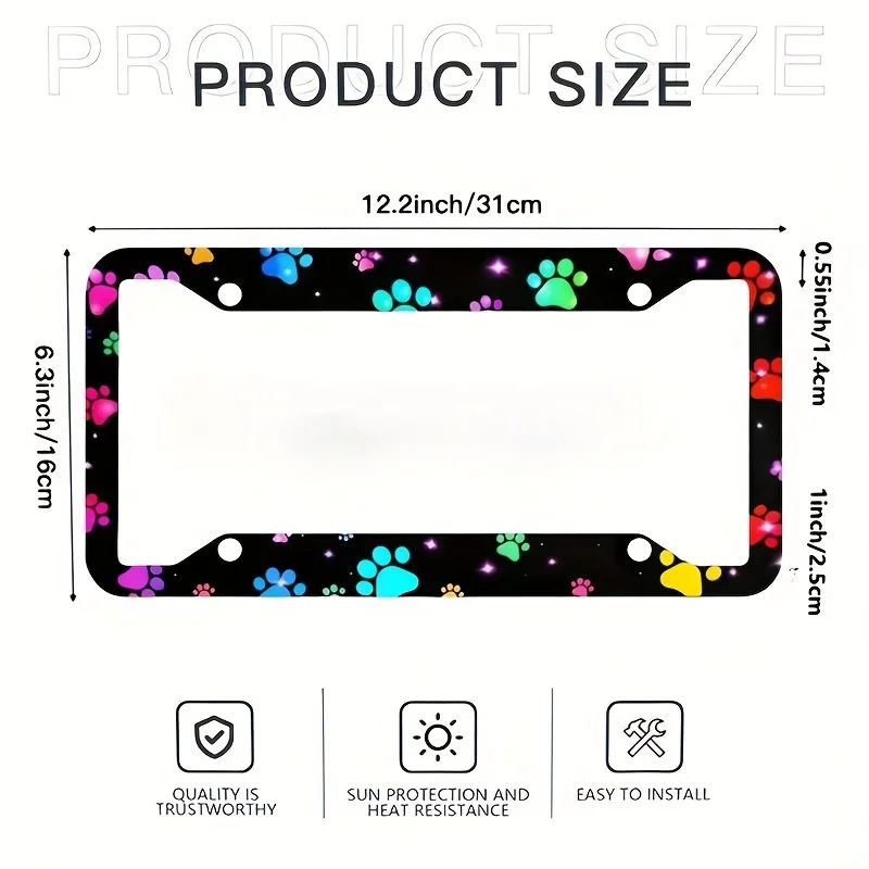1pc Colorful Paw Print License Plate Frame Fun Rainbow Dog Paw Alloy License Plate Holder, Unisex, Includes Mounting Bolts