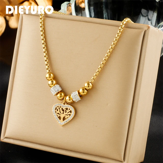 DIEYURO 316L Naszyjnik w kształcie drzewa ze stali nierdzewnej dla kobiet Nowa moda Koraliki Choker Łańcuchy Biżuteria Prezent Impreza