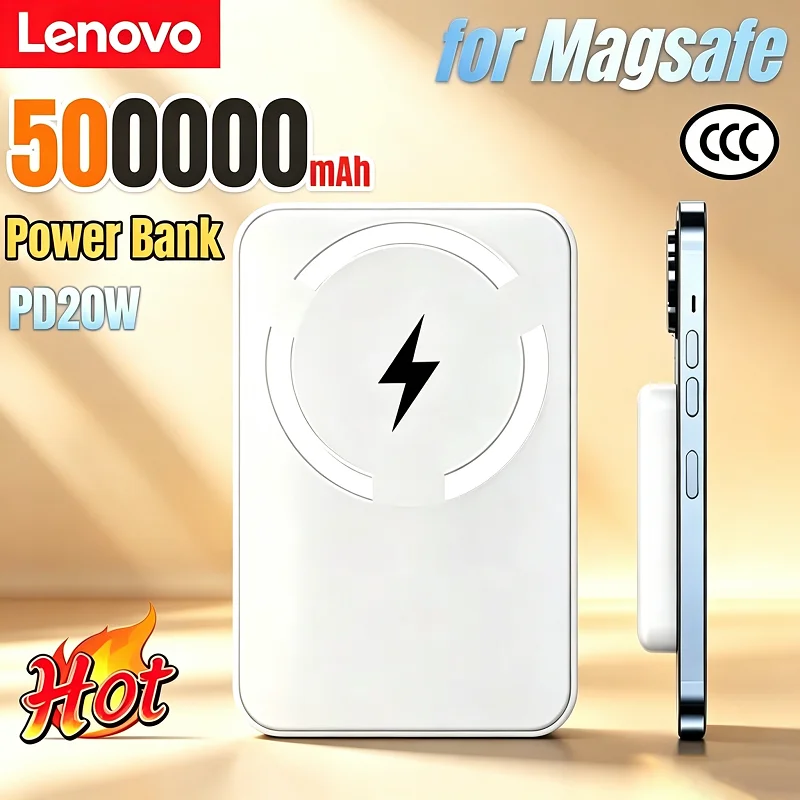 Lenovo 50000mAh Wireless Magnetic Power Bank Charger Fast Charging Portable Charger External Spare Battery For iPhone Android