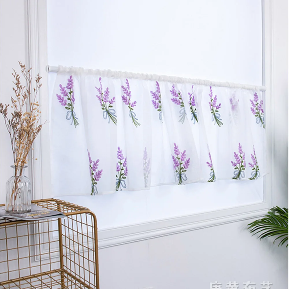 Household Lavender Embroidery Short Curtain Pastoral Shade Kitchen Curtains Half Curtain Short Panel Drapes Valance 50*100cm