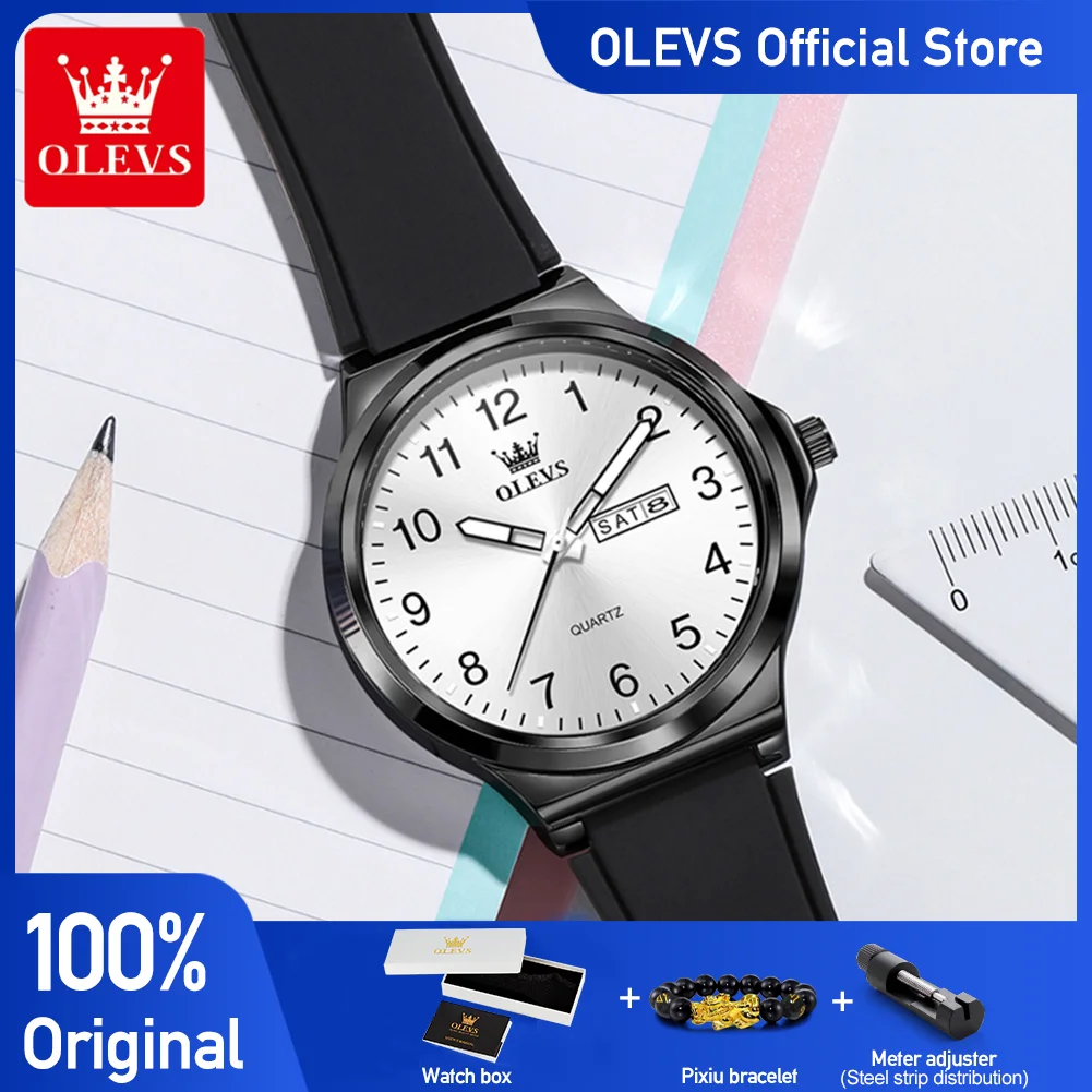OLEVS 5647 Original Simple Silent Quartz Watch Waterproof Luminous Silicone Strap Day Date Watch Student Watch Reloj Hombre
