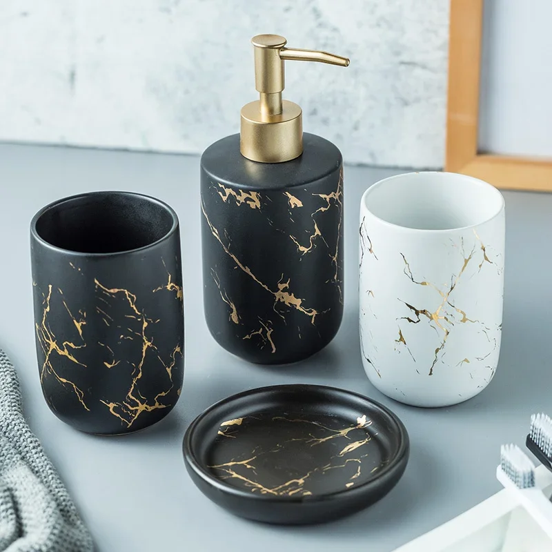 Bathroom Accessories Set Black Gold Marble With Toothbrush Holder Lotion Dispenser Soap Dish Tumbler Home Organizer