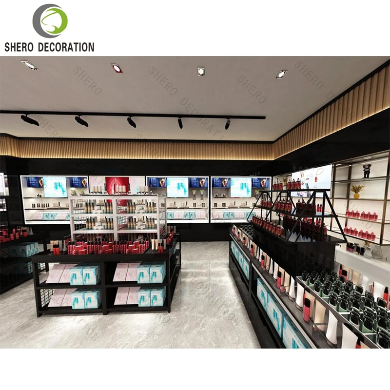 custom.Exquisite Durable Makeup Display Shelves Cosmetic Display Cabinet with High-end Wood Shop Counter in Mall