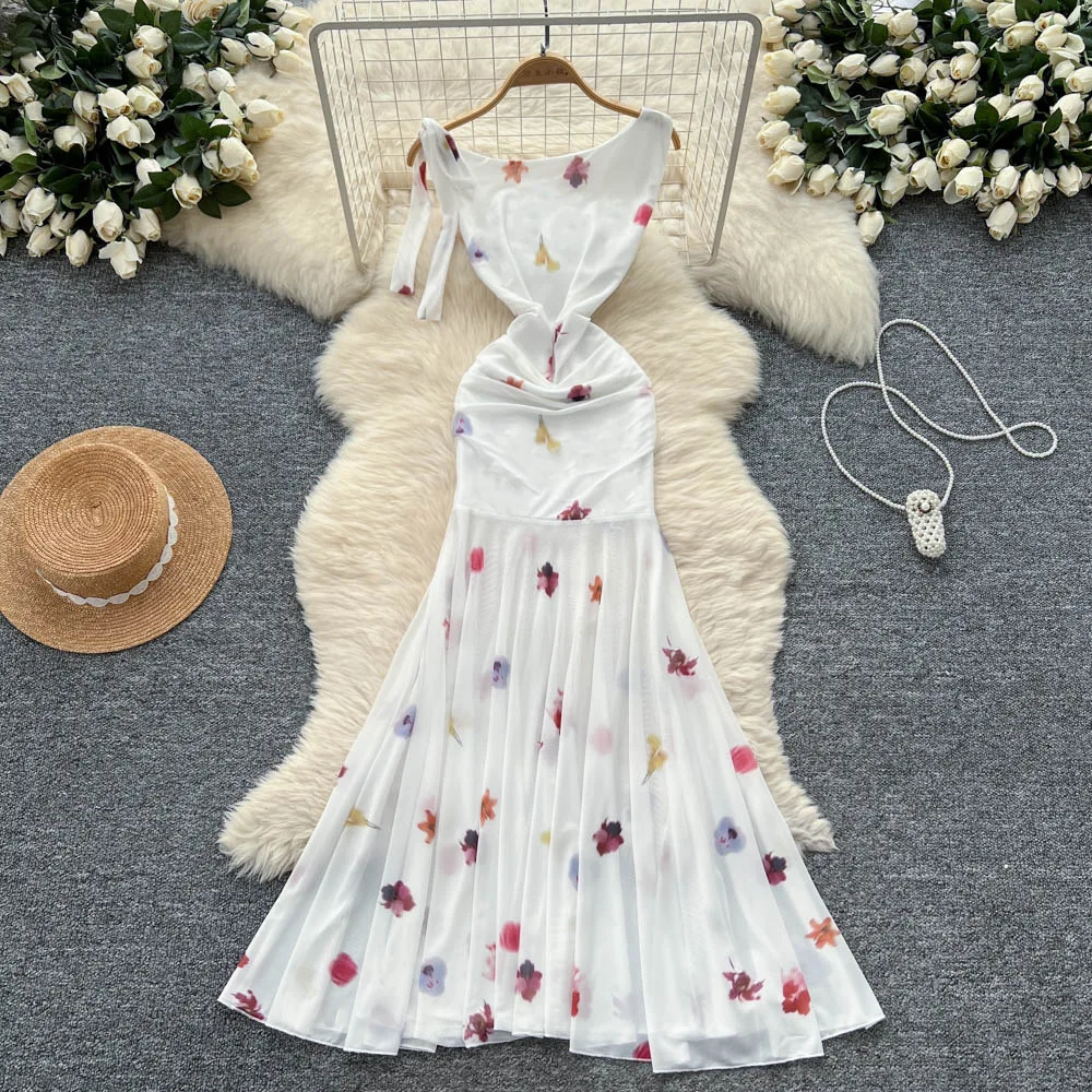 

Dress Women Long Dresses Print Floral Vestidos Round Neck Sleeveless Elegant Splice Y2k Streetwear Slim Fit High Waist Work