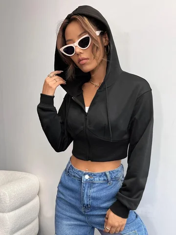 New Fashion Casual Solid Color Crop Top Hoodie Jacket with Drawstring Spring Summer Autumn Comfortable Streetwear