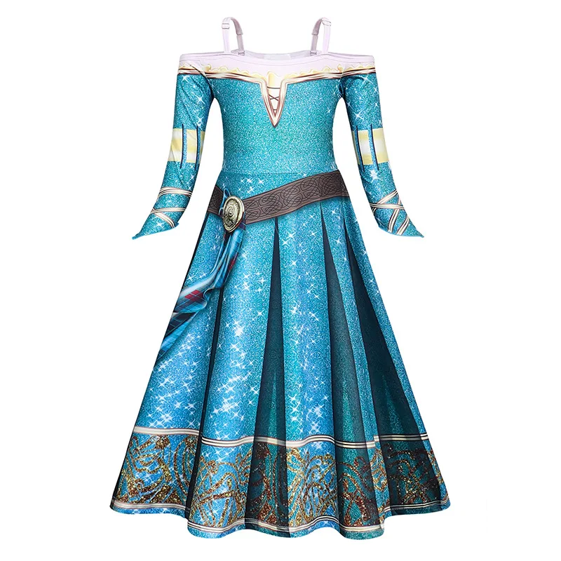 Halloween Girls Merida Dress Brave Performance Costume Girls Spring and Summer Printed Off-shoulder Dress Carnival Clothes