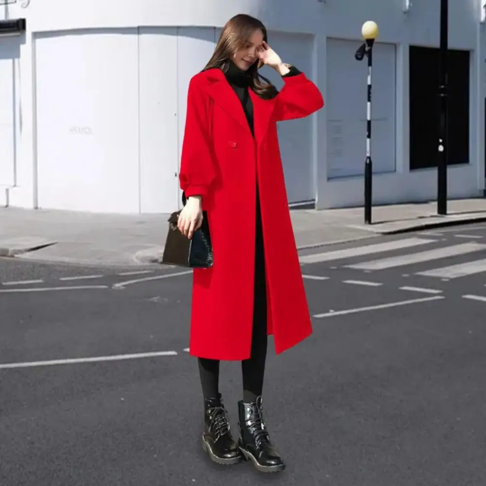 Women Winter Coat Formal Business Style Turn-down Collar Double Buttons Calf Length Overcoat OL Commuting Jacket Solid Color Thi