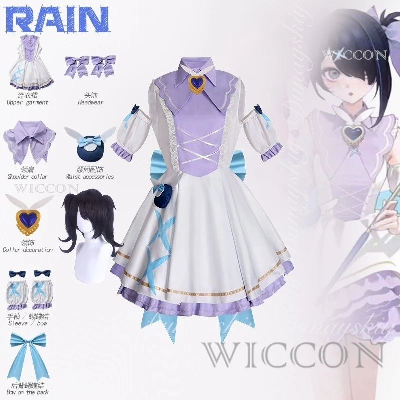 

NEEDY GIRL OVERDOSE Game Rain Ame Косплей Платье на день рождения белого и фиолетового цвета с черным париком Косплей Костюм Полный костюм