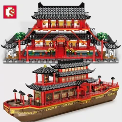 SEMBO Chinese Traditional Boat Attic Model Building Blocks City Creative Ship Ferry Roleplay Figures Bricks Toys for Chilren