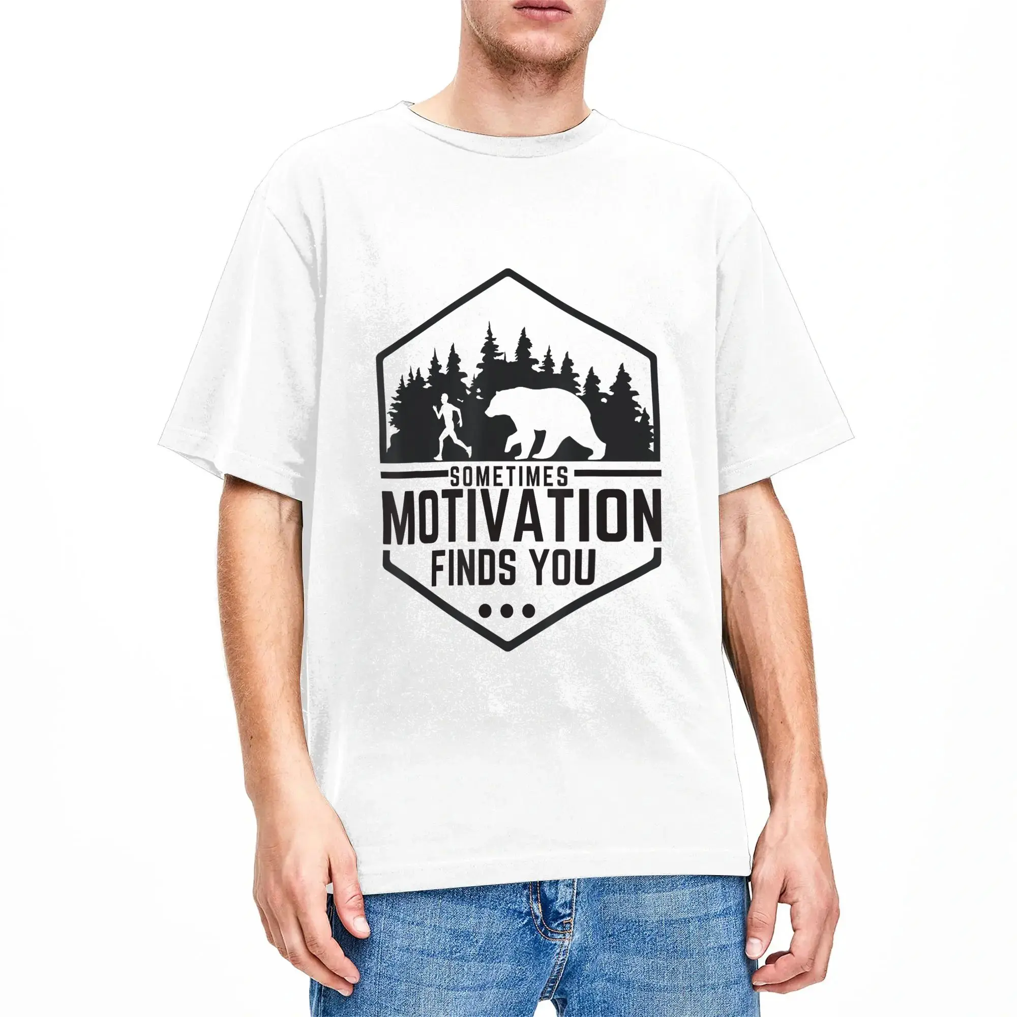 Sometimes Motivation Finds You Funny Running Gym T-Shirts Men  Vintage Pure Cotton Tees Round Collar Short Sleeve T Shirt