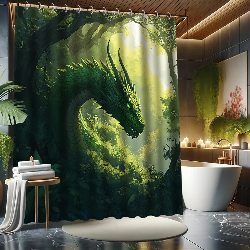 Jungle Green Dragon Shower Curtain Set - Fantasy Dragon, Full of Greenery, Polyester Fabric, Modern Bathroom Decor