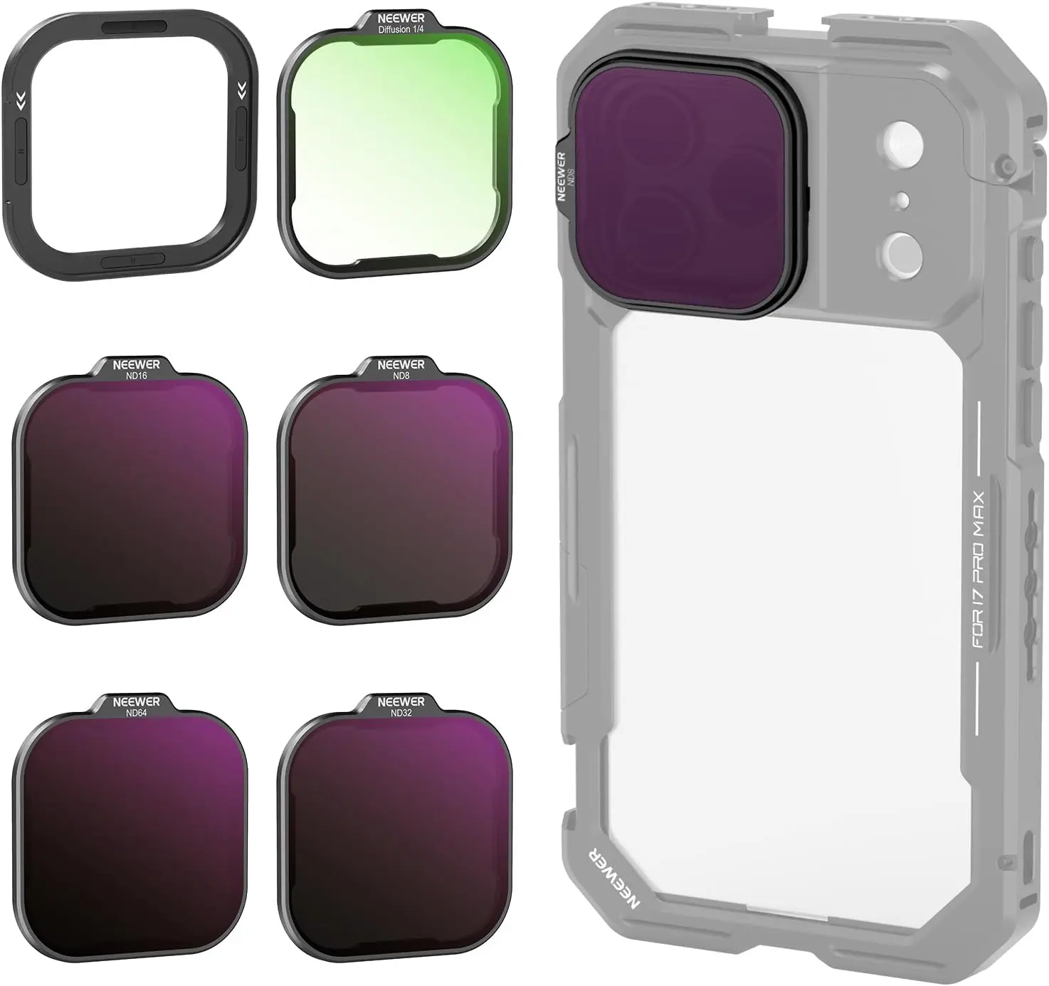 NEEWER ND Filter Set für PA143/PA144 Telefonkäfig, Neutral Density ND8/16/32/64 Filter Kit kompatibel mit iPhone 17 Pro/Pro Max – Detail 1