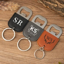 Laser Engrave Stainless Steel opener Leather Keychain Custom Logo Beers Bottle tools Car Key Chain Personalize Company Keyring