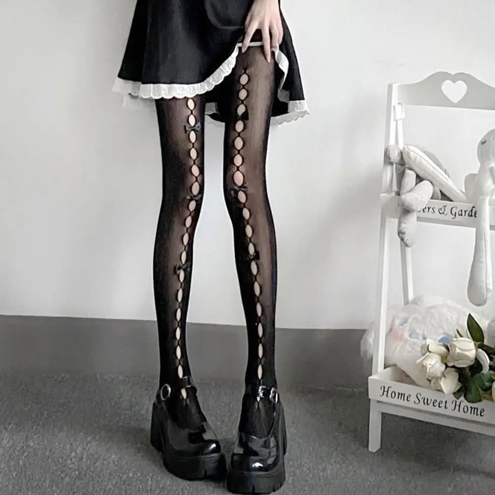 Calcetines de Cosplay de Lolita blancos, medias de malla con lazo, calados de encaje, medias florales góticas