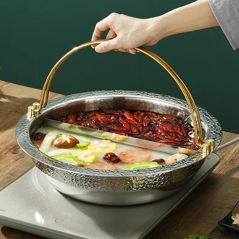 

Трехслойная композитная стальная японская горшок Sukiki из нержавеющей стали с молотком, две утиные горячие кастрюли, проволочная кастрюля для супа, жаровня