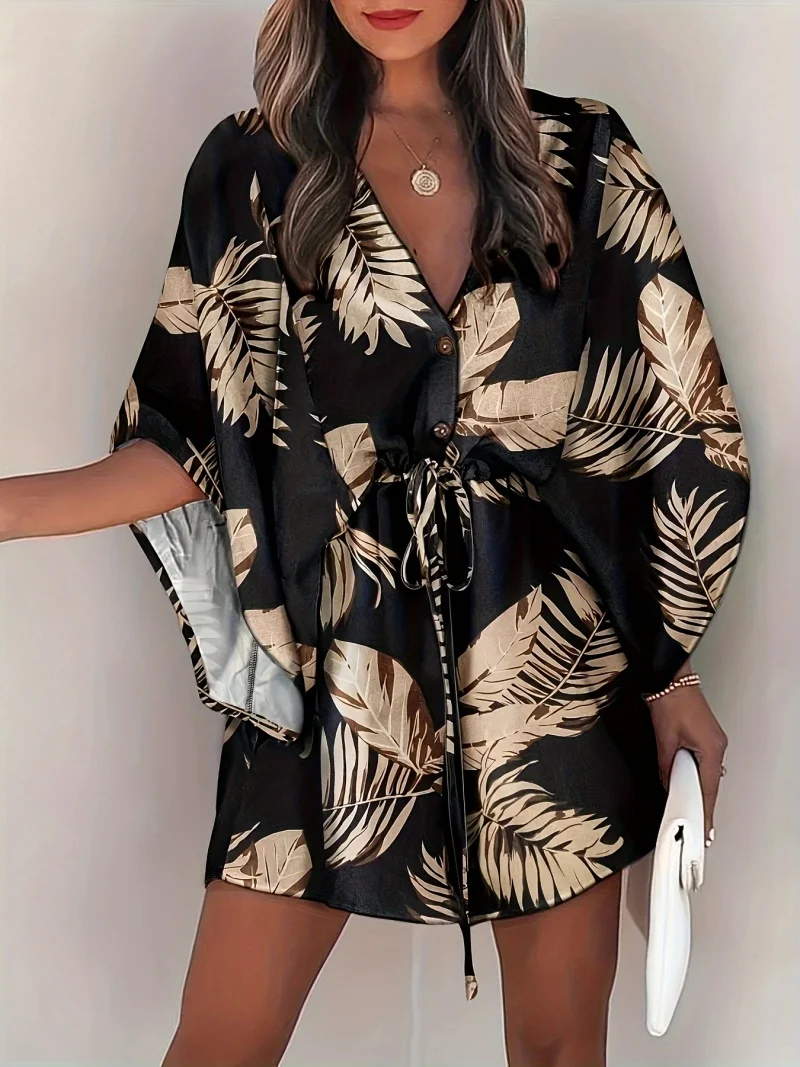 PlusSize Casual Loose Bohemian Beach Vacation Dress For Summer Fashion V Neck Batwing Sleeve Print Boho Lace Up Waist Mini Dress