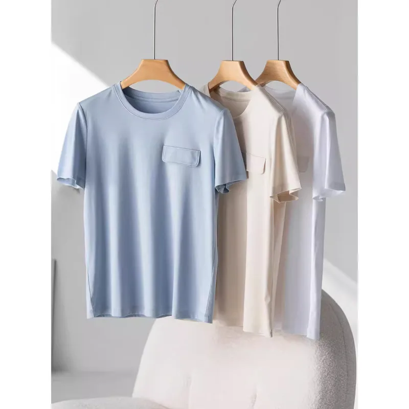 

Summer 10% Mulberry Silk Pocket T-shirt Women Mercerized Cotton Round Neck Short Sleeve Basic T-shirts For Minimalist