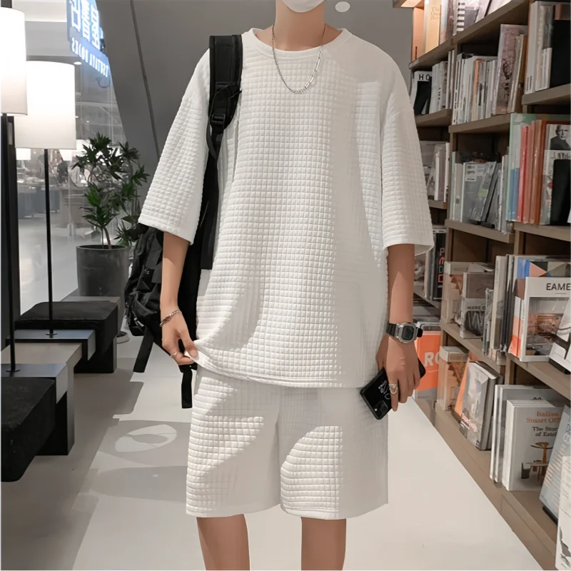 

Men's Summer Waffle Sports Suit Fashion Handsome Oversized Loose Casual Short Sleeve T-Shirt Shorts Two Piece Set