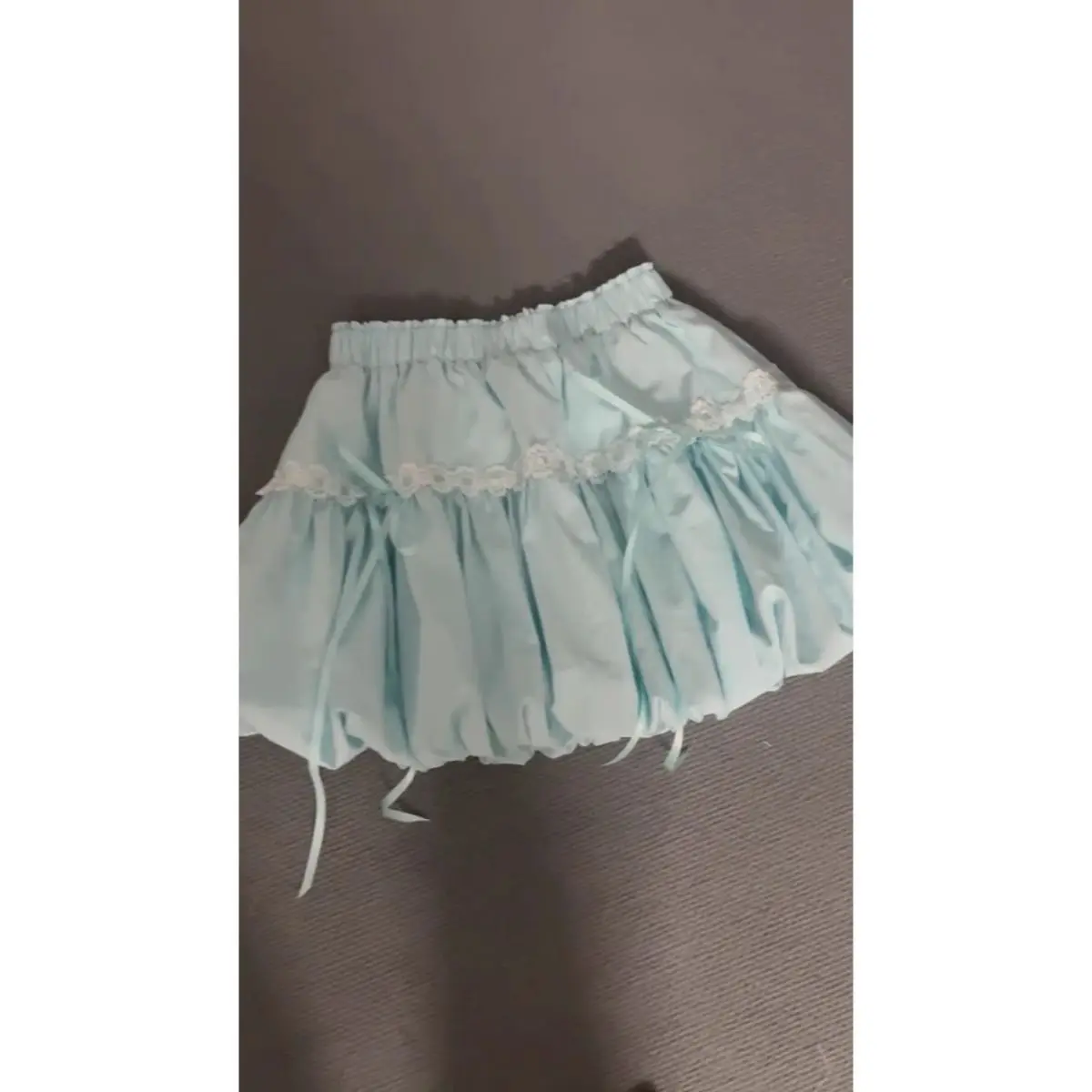 Women's Light Blue Puffy Mini Skirt Elastic Waist Lace Trim Bow Tie Sweet Lolita A-line All-Season Casual Fashion Skirt
