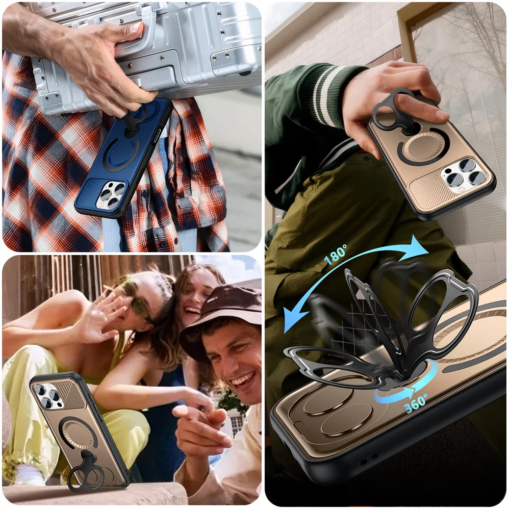 Luxury Dual Finger Ring Stand Magnetic Phone Case For iPhone 15 16 17 Pro Max Air Plus 16e 14 13 12 Wireless Charge Armor Cover