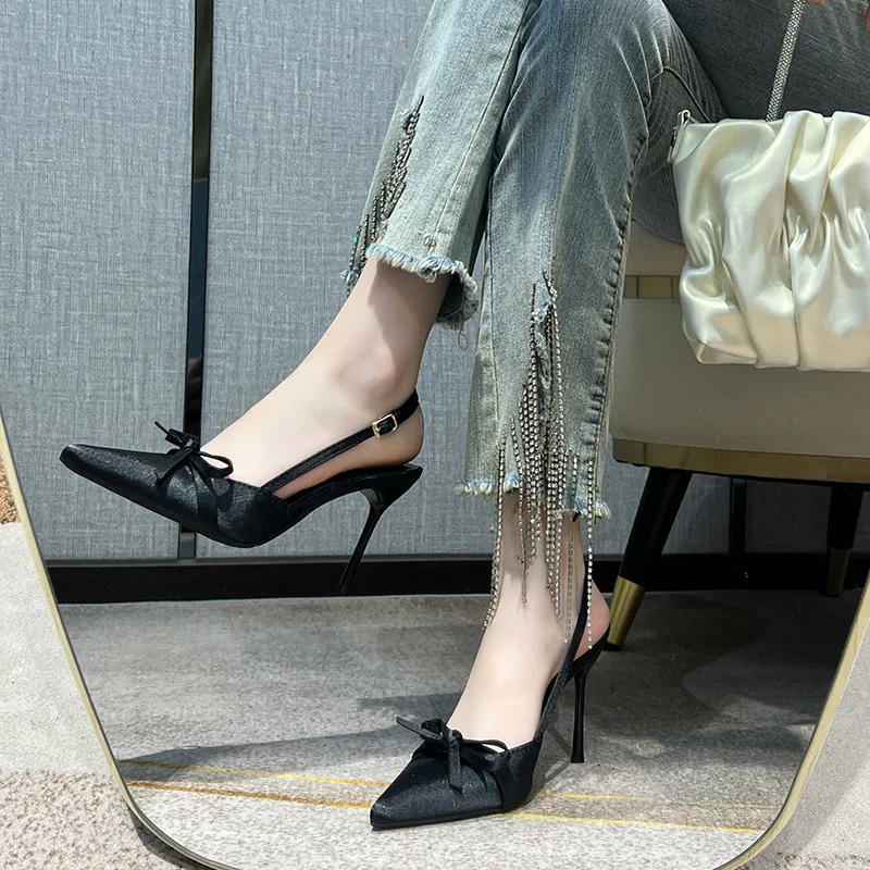 

Свадебные туфли на высоком каблуке с французским атласным бантом, универсальные женские сандалии Baotou