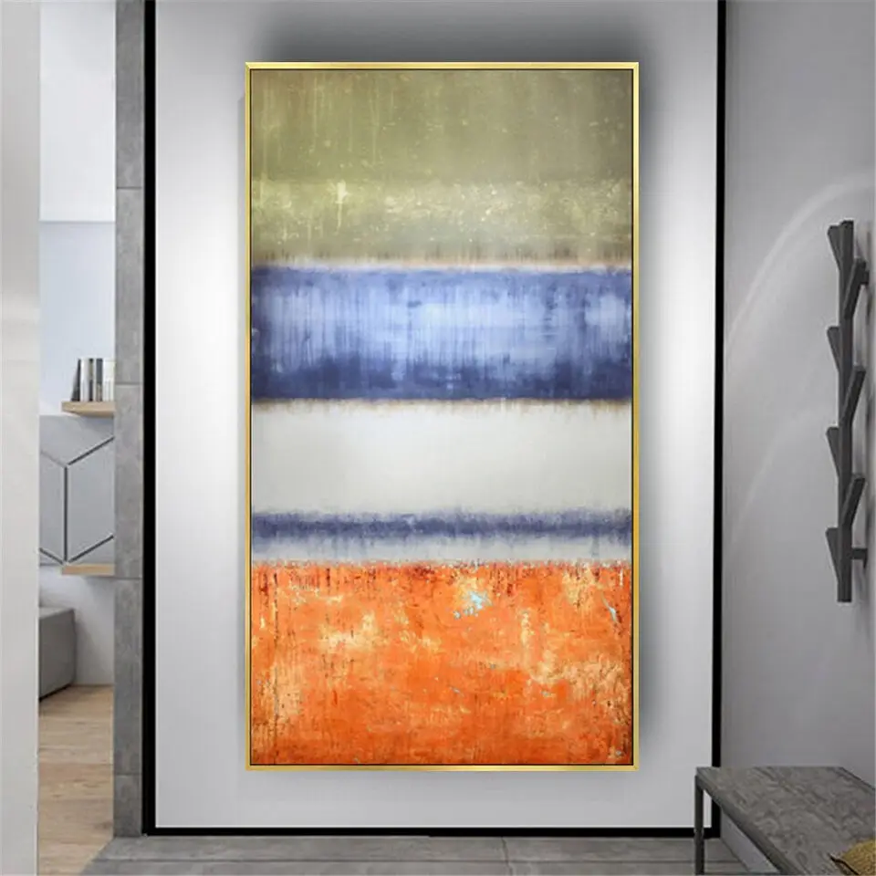 Modern Golden Orange Blue Abstract Lines Graffiti Wall Art Hand-Painted Oil Painting On Canvas Living Room Large Texture Picture