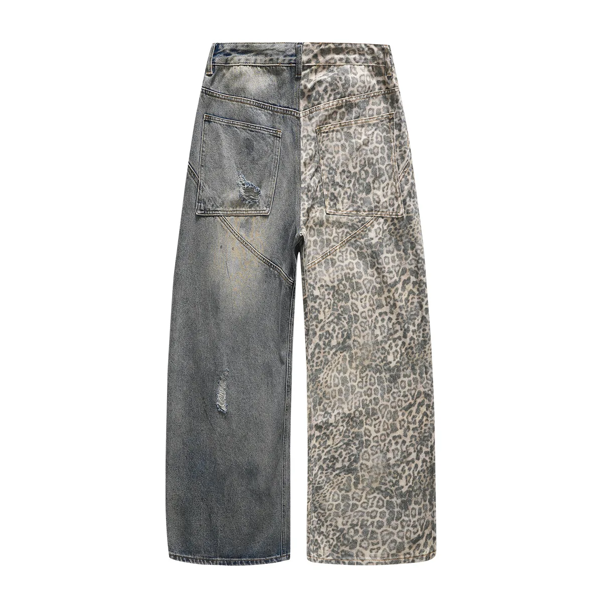 MWJLPWQ American-Style Asymmetrical Leopard-Print Patchwork Ripped Straight Jeans Men Street Loose-Fit Wide-Leg Long Pants 21462