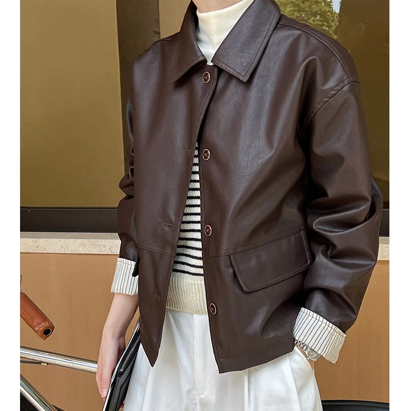 2024 Women Autumn Pu Leather Single Button Jacket Coat Fashion Striped Cuff Women Classic Jacket Femme Streetwear Tops Clothes