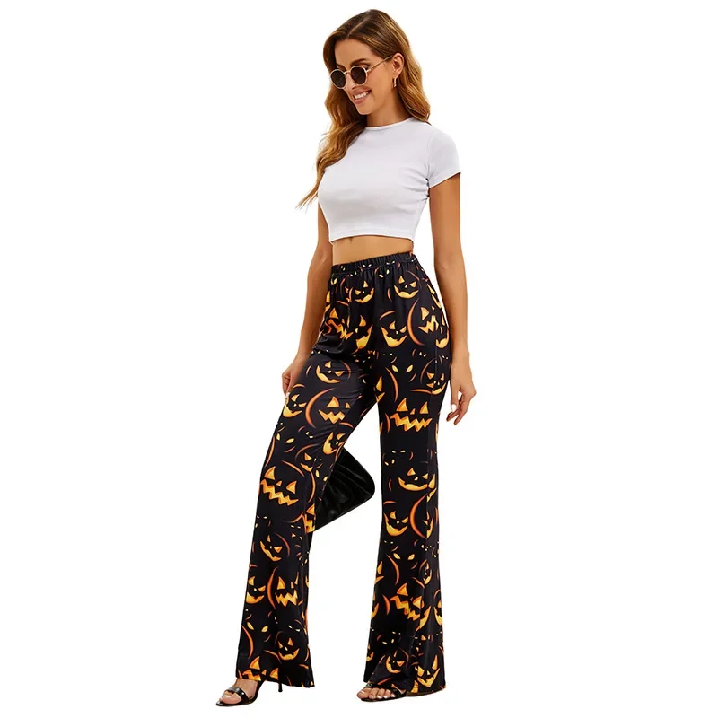 Halloween Bell Bottom Broek Dames Pompoen en Vleermuis Print Cosplay Hoge taille Broek Mode Dames Broek Halloween Kostuum