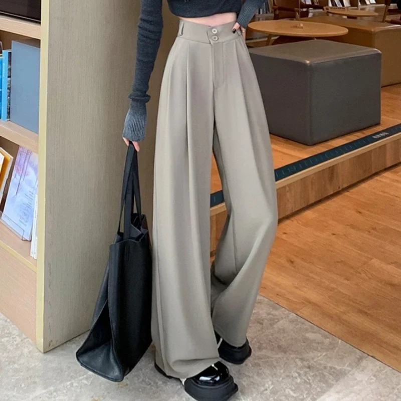 2025 جديد الربيع الصيف زر فضفاض المرأة واسعة الساق كامل طول السراويل عالية الخصر الصلبة الإناث أنيقة مستقيم بناطيل كاجوال