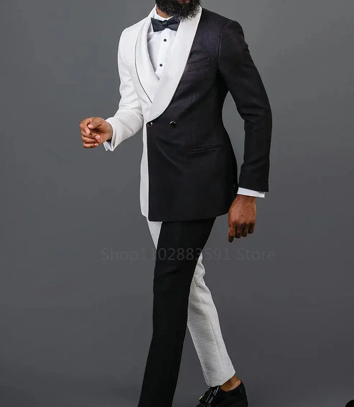 2 Pieces Newest Splicing Colors Men Suits Set Wedding Groom Tuxedo White Black Blazer+Pants Prom Dress Coat