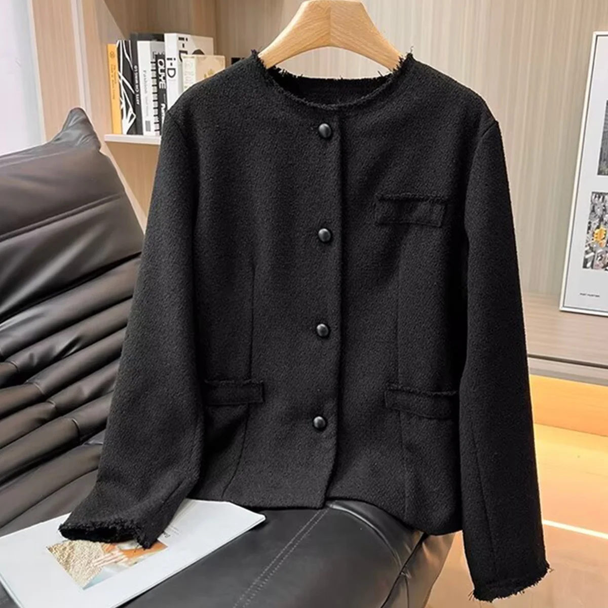 

Maxdutti Французская элегантная черная текстура однобортная куртка с круглым вырезом женские топы женская куртка женская одежда блейзер женский