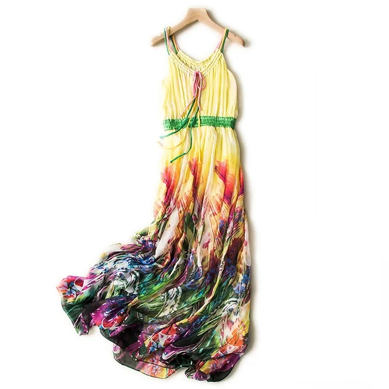 

Holiday Beach Dress Real Mulberry Silk Women Clothes Slim Boho Summer Dress Women Camisole Sleeveless Sexy Dress Vestidos Zm3234