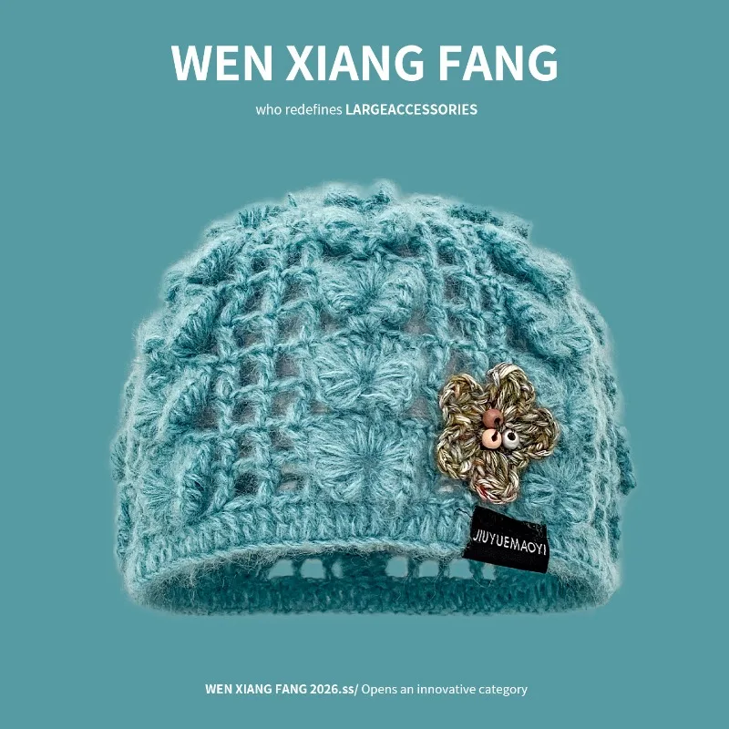 Neue handgemachte Häkelblumen-Strickmütze für Damen, Herbst-Reise-Literatur-Strickmütze mit kurzer Krempe, Gorras – Detail 4