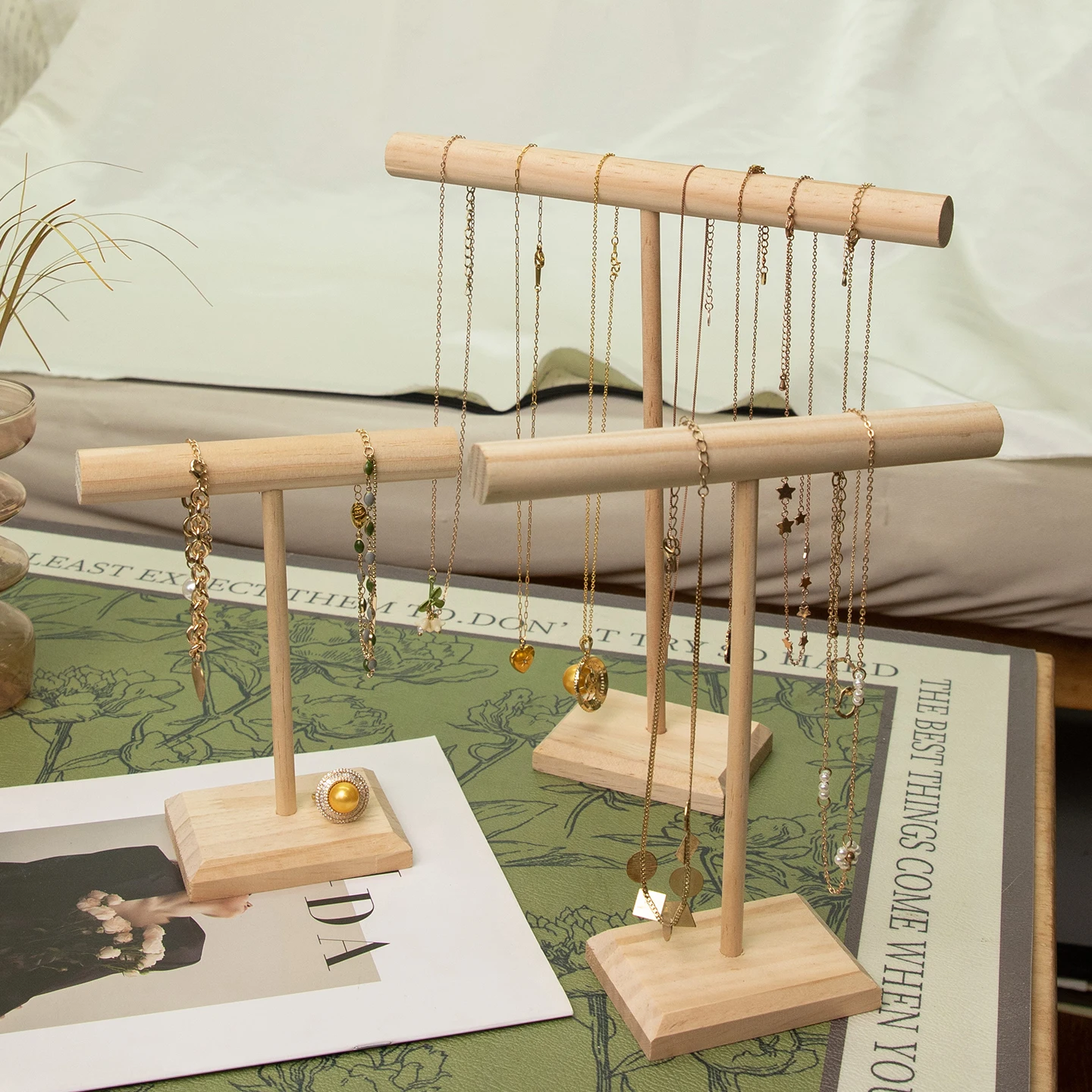 3 أحجام خشبية سوار عرض المدرجات T-bar حامل مجوهرات قلادة حامل حامل الإسورة تخزين الرف مجوهرات المنظم العرض #3