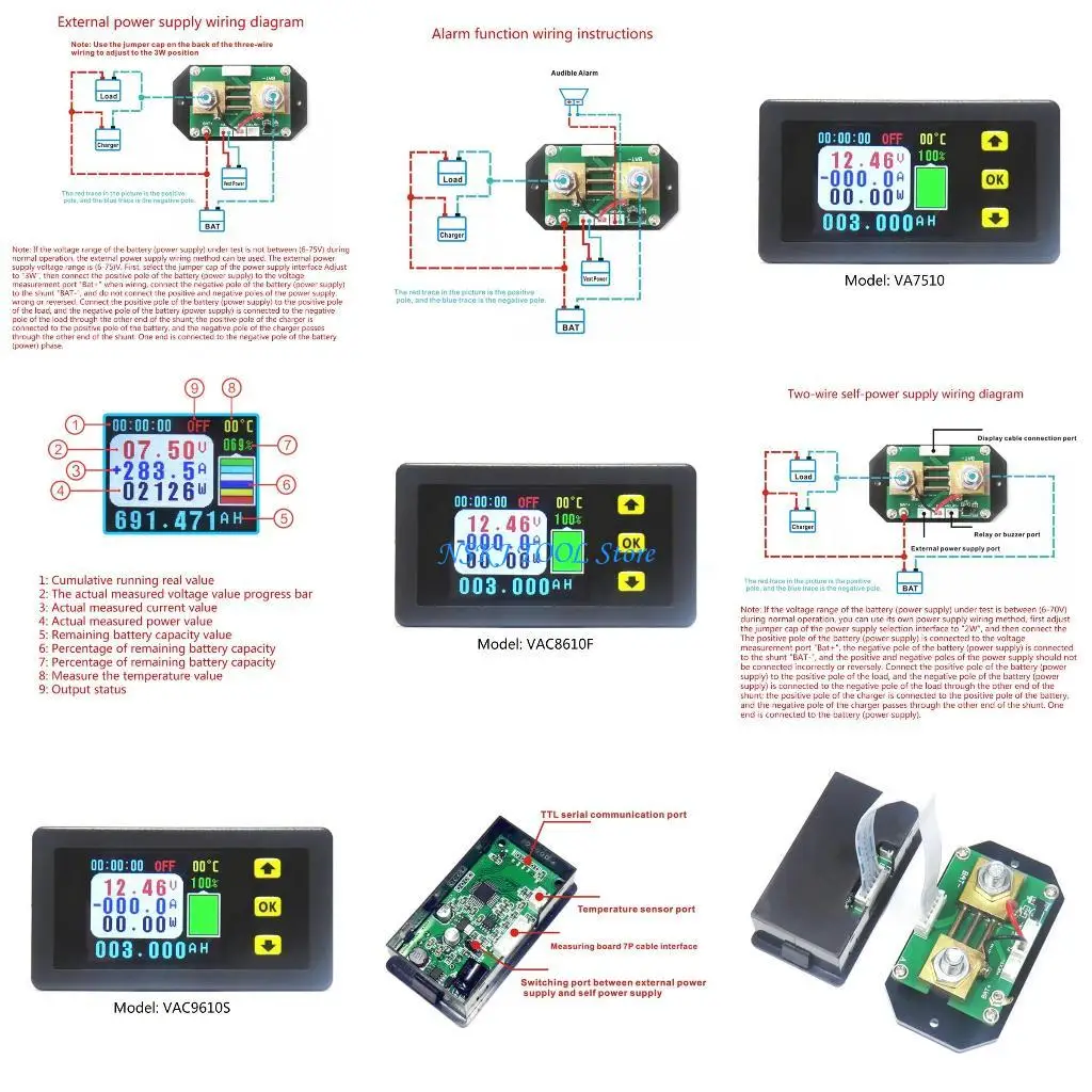 

L8RC 6 in 1 Battery Monitor Color LCD Screen Meter Coulomb Power Ammeter Temperature Power Gauge Communication