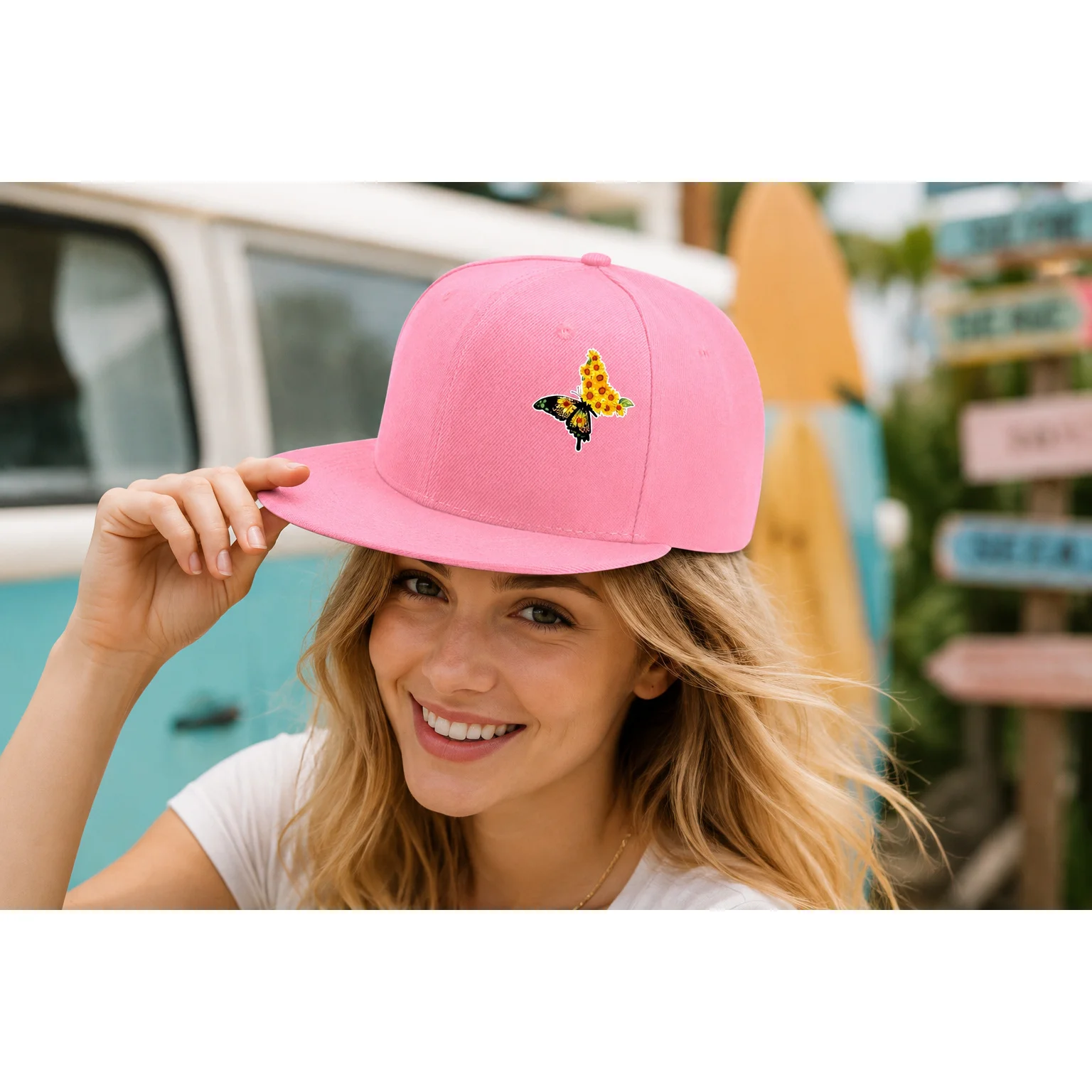 Energetic Sweet Pink Flat Brim Baseball Cap, Butterfly Sunflower Print Casual Outing Versatile Leisure Hat