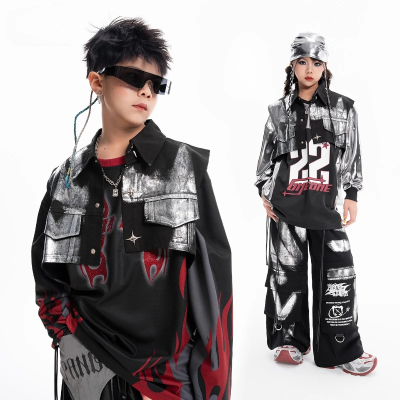 

Boys Hip Hop Street Dance Costumes Black Vest Loose Pants Fashion Sweatshirt Street Wear Sets Group Stage Performance Outfits