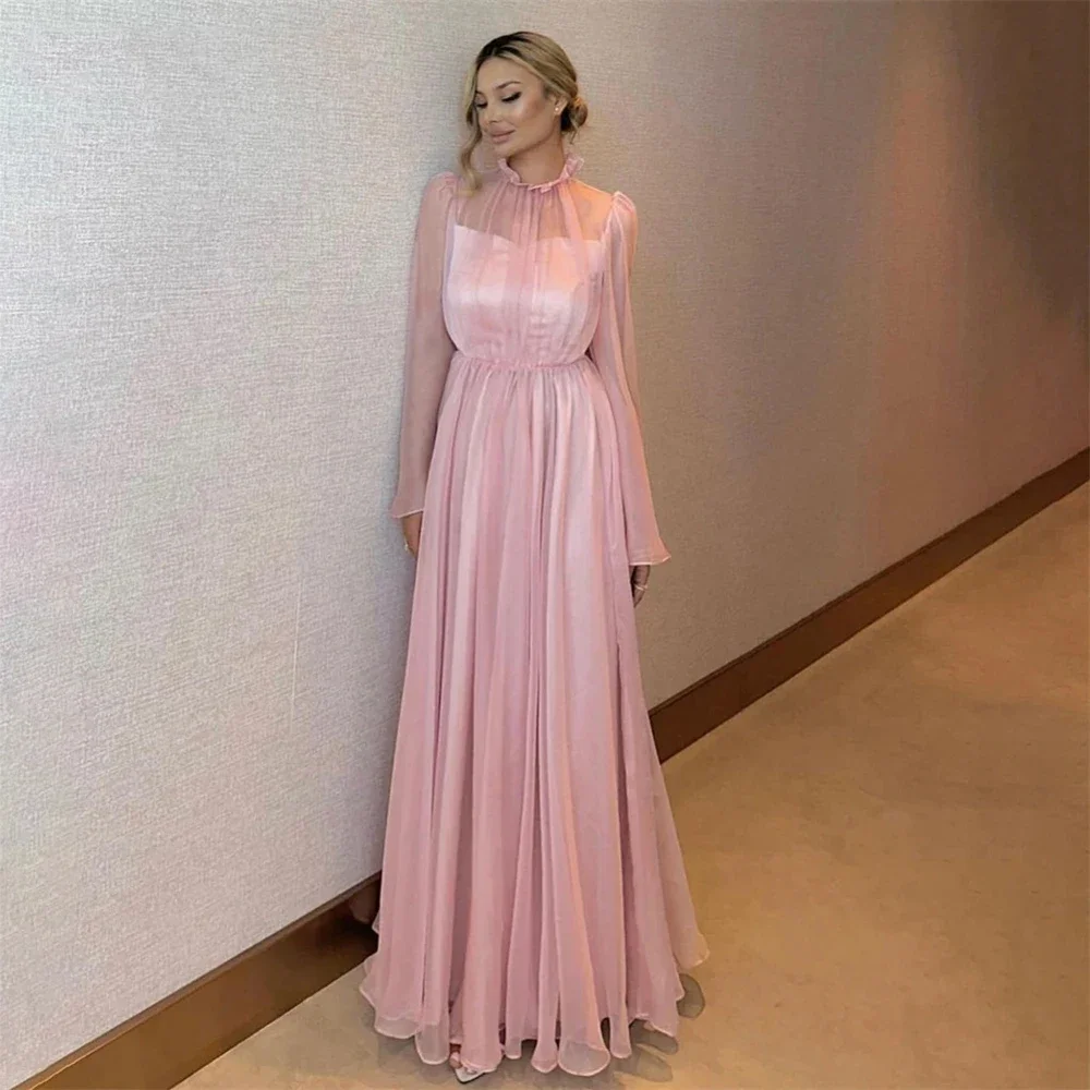 

Customized Yipeisha Elegant Pink Satin and Chiffon Evening Dresses Ruched Full see-through Sleeves A-line Floor Length Party Pro